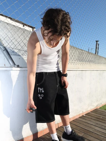 OX16 Vinyl Stitch Baggy Denim Shorts (3)